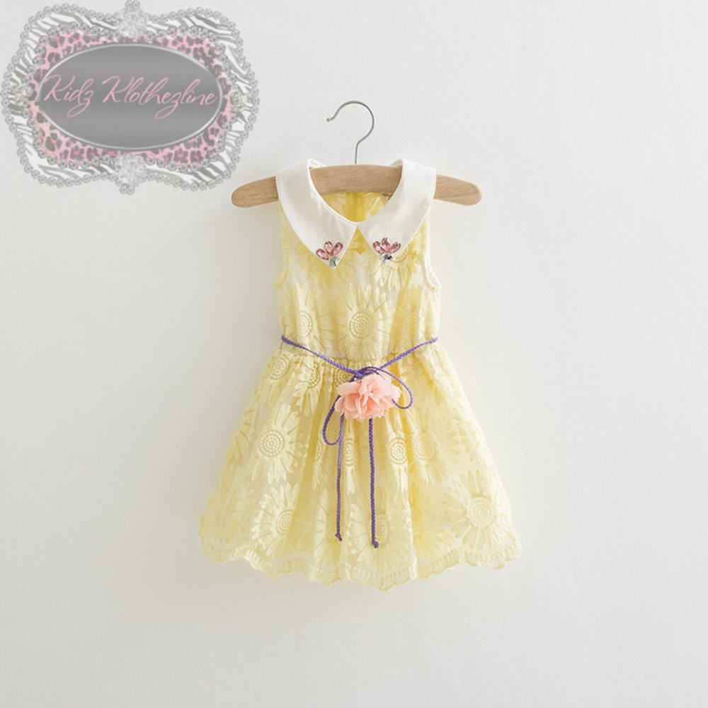 Yellow Flower Dress white collar with rhinestones